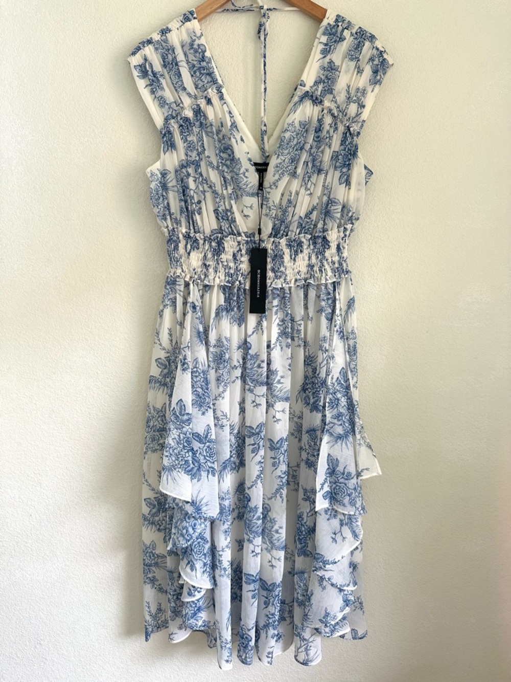 BCBGMAXAZRIA Blue Toile Floral Chiffon Dress Size M NWT